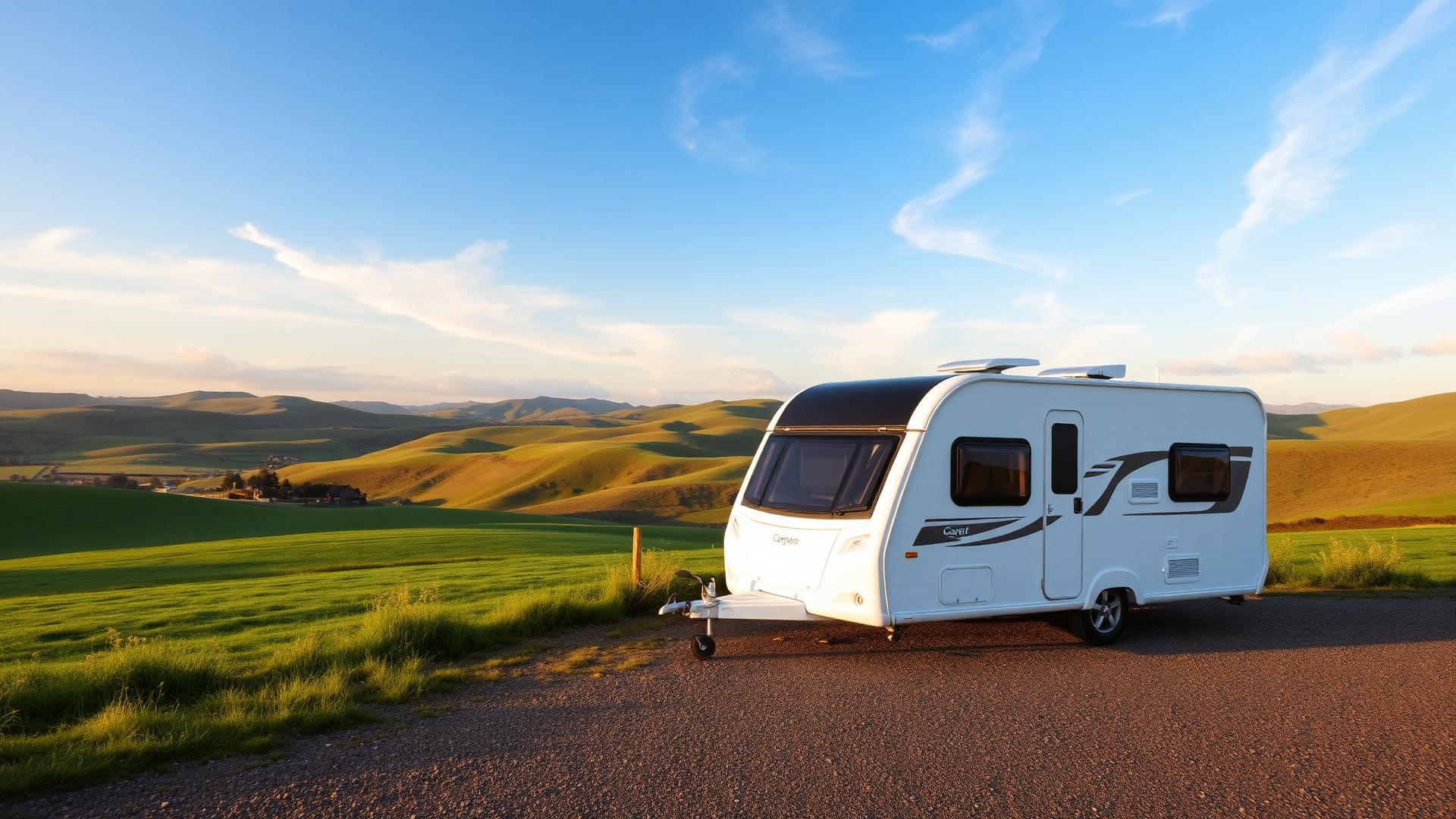Modern touring caravan parked in the UK countryside